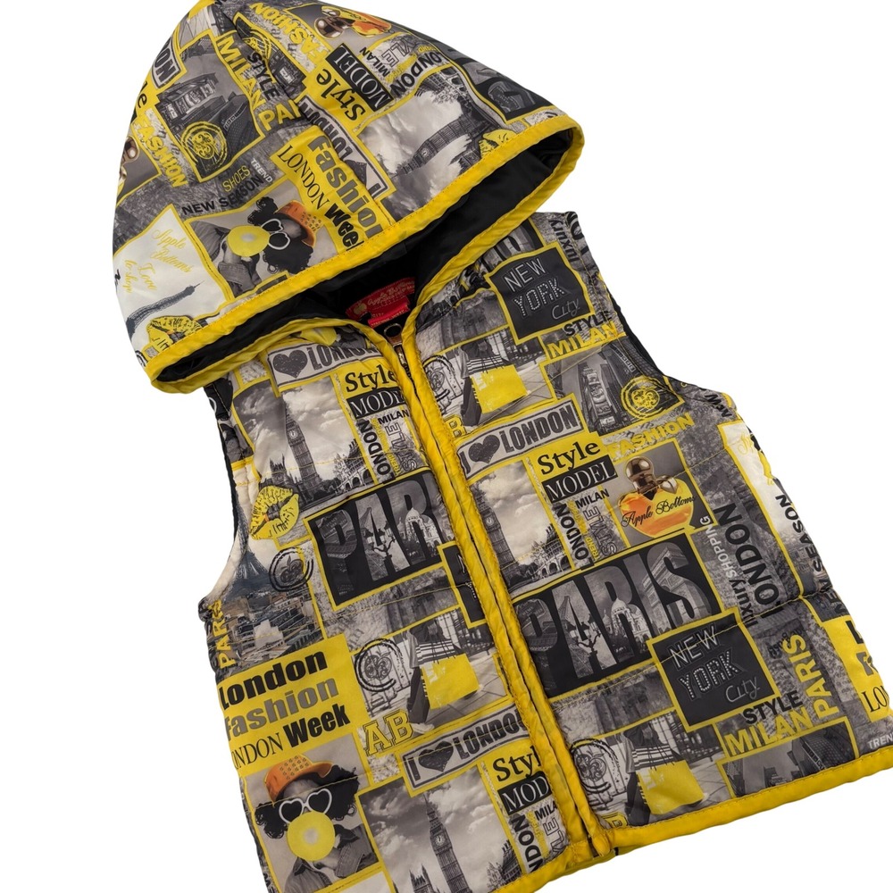Apple Bottoms Girl Kids 2T Yellow Puffer Vest Hoodie‎ City London Paris New York